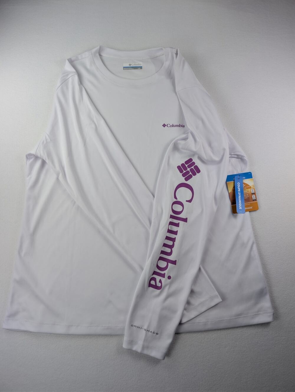 Columbia Omni-Shade UPF 50 Long Sleeve Sun Shirt White Purple Men’s L NWT